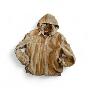 VTG Fantastic International Suede Leather Bomber Jacket Hood Faux Fur Lined READ
